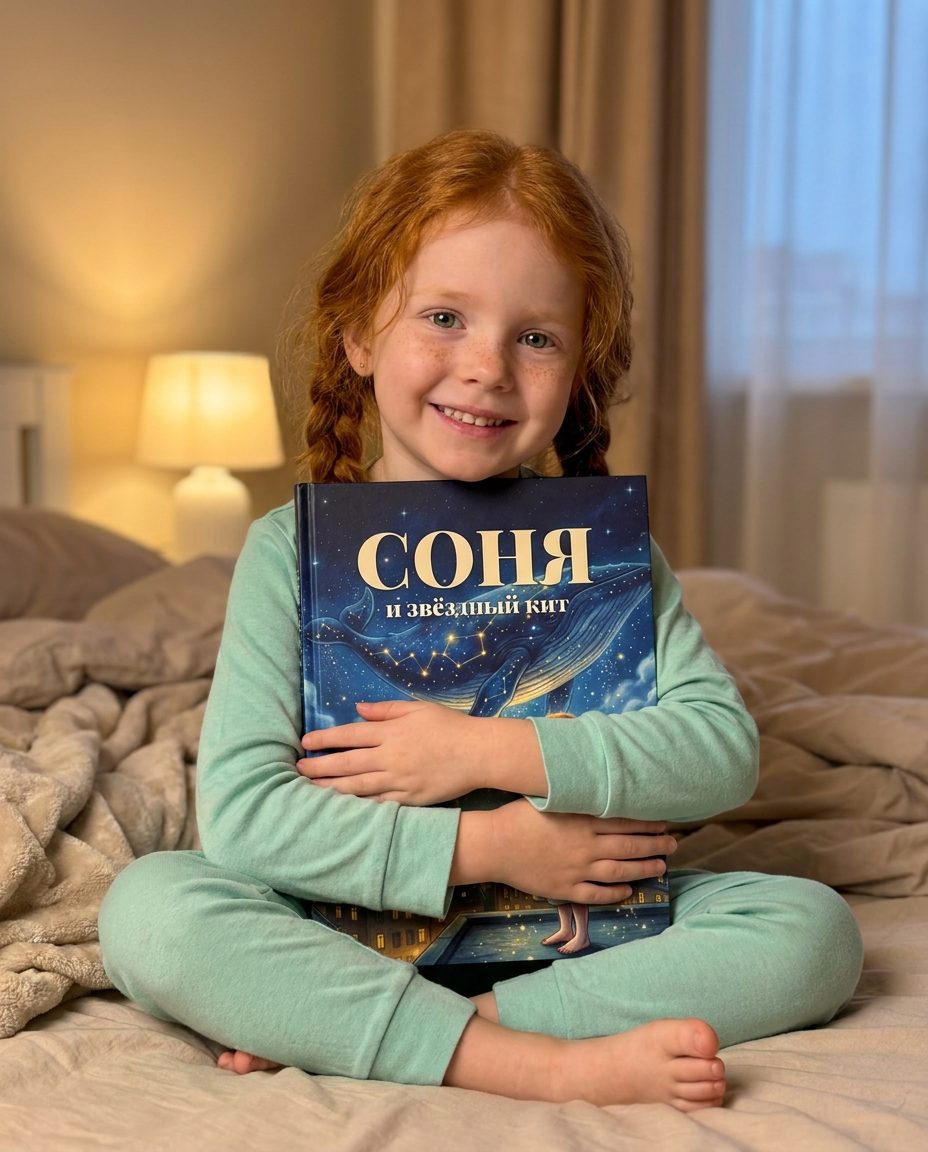 Девочка обнимает свою именную книгу «Соня и звёздный кит»