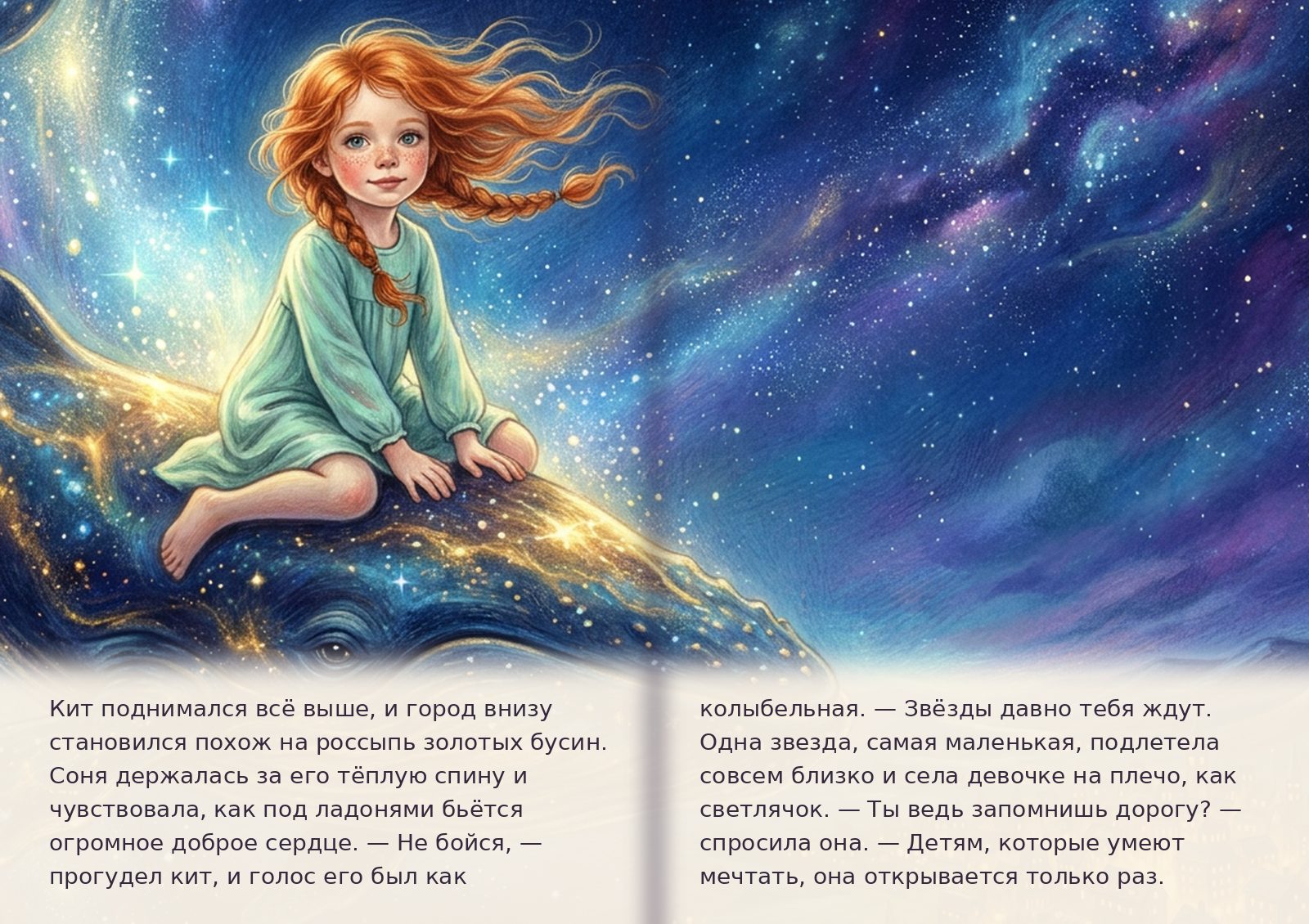 Разворот книги «Соня и звёздный кит»: иллюстрация во всю ширину и текст сказки